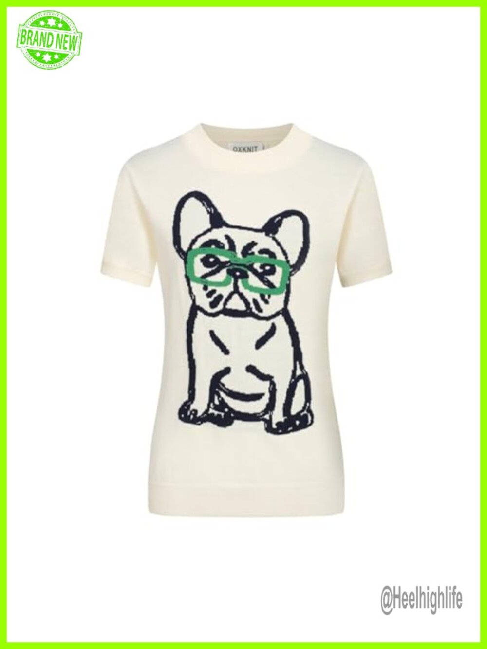 OXKNIT Women's Knitted T-Shirt Short Sleeve 1960s Mod Dog Pattern Crewneck